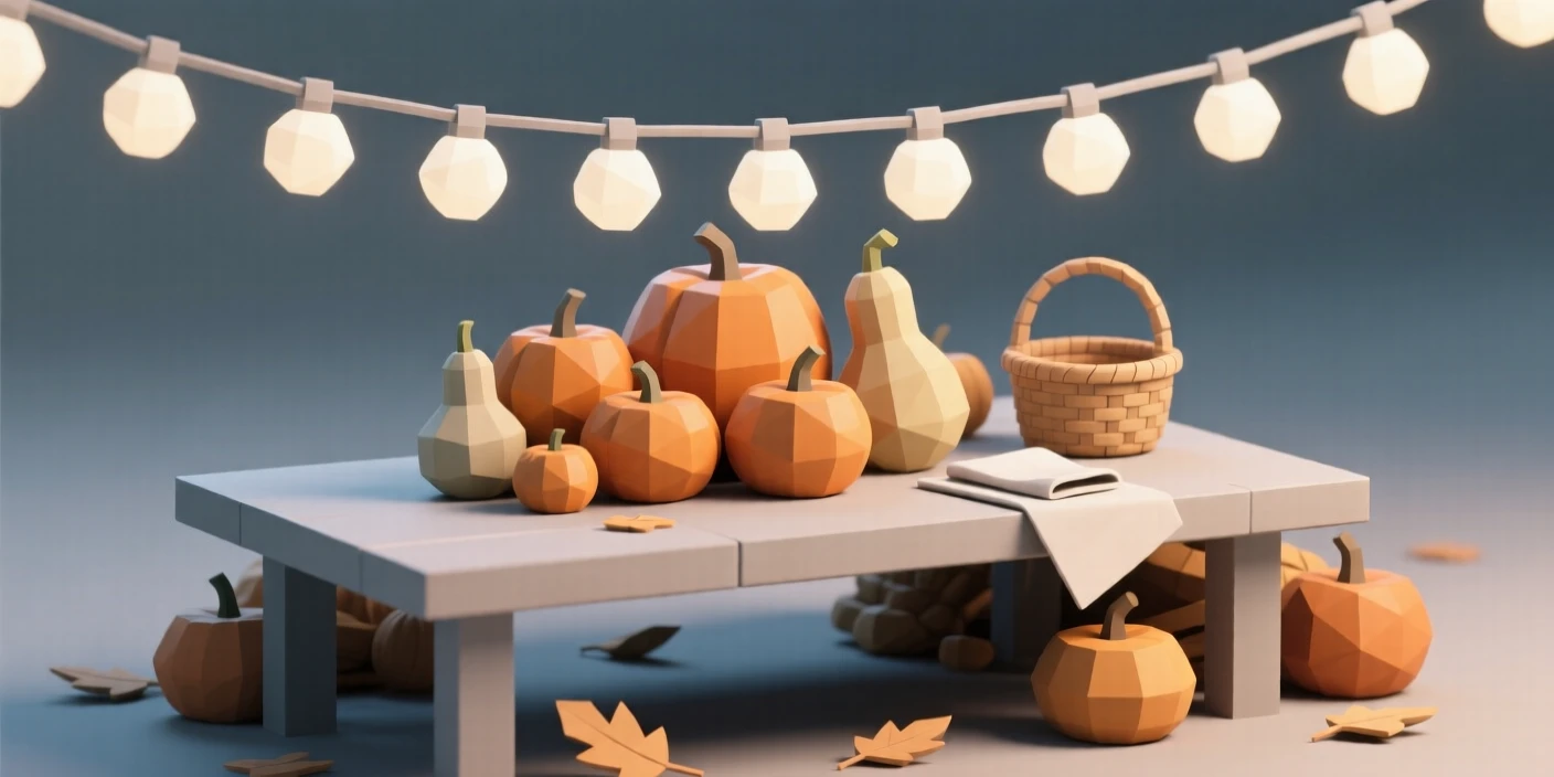 A harvest festival table piled with pumpkins and gourds, under strings of warm twinkling lights. small charming details enrich the festive setting. The atmosphere radiates warmth and cheer.