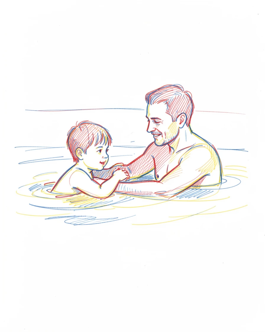 A young boy learning to swim with his father's steady hands nearby