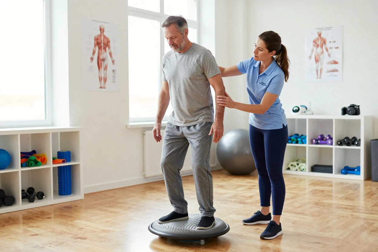 A physical therapist guiding a patient through recovery exercises