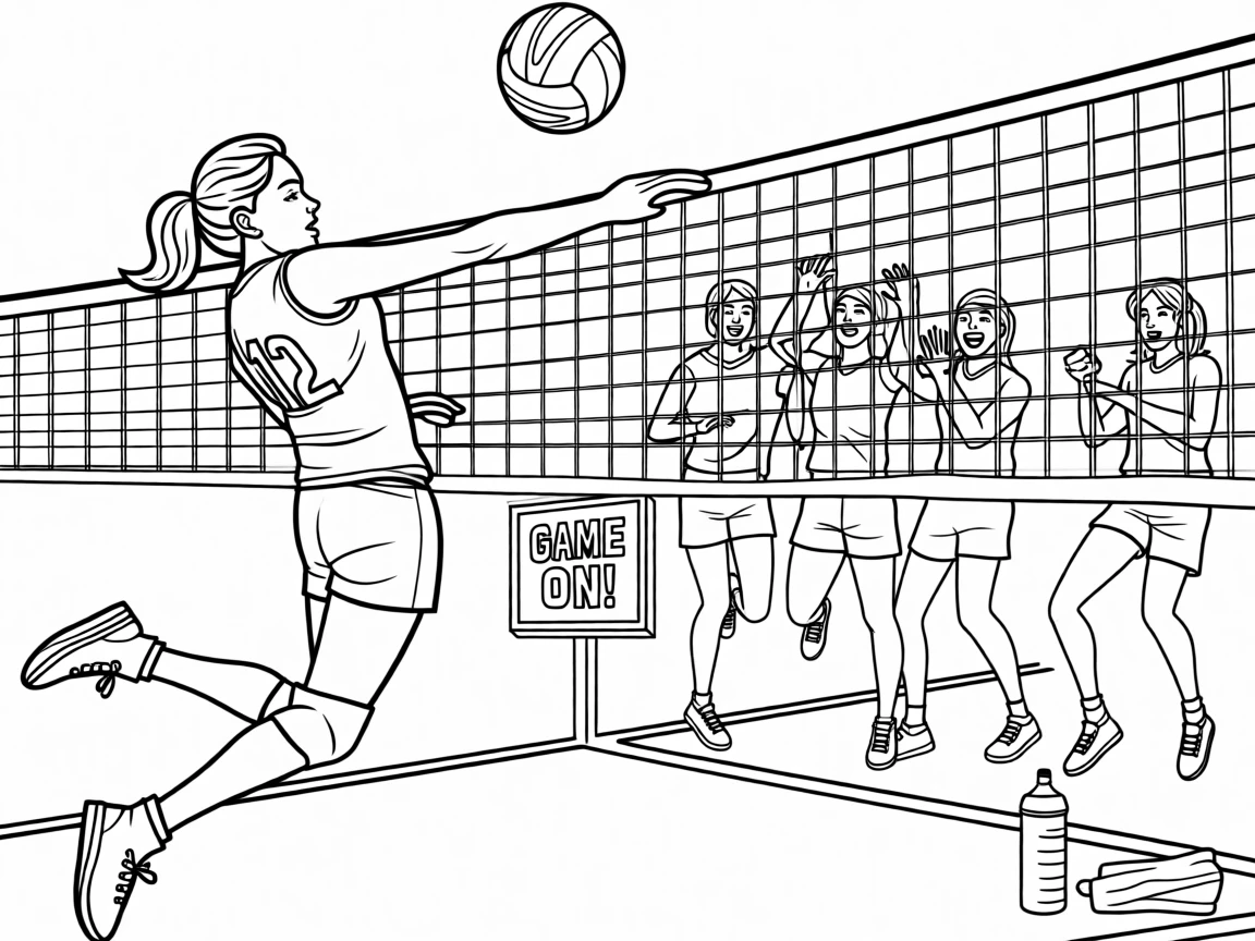 A volleyball player spiking the ball at the net, with teammates celebrating just behind.