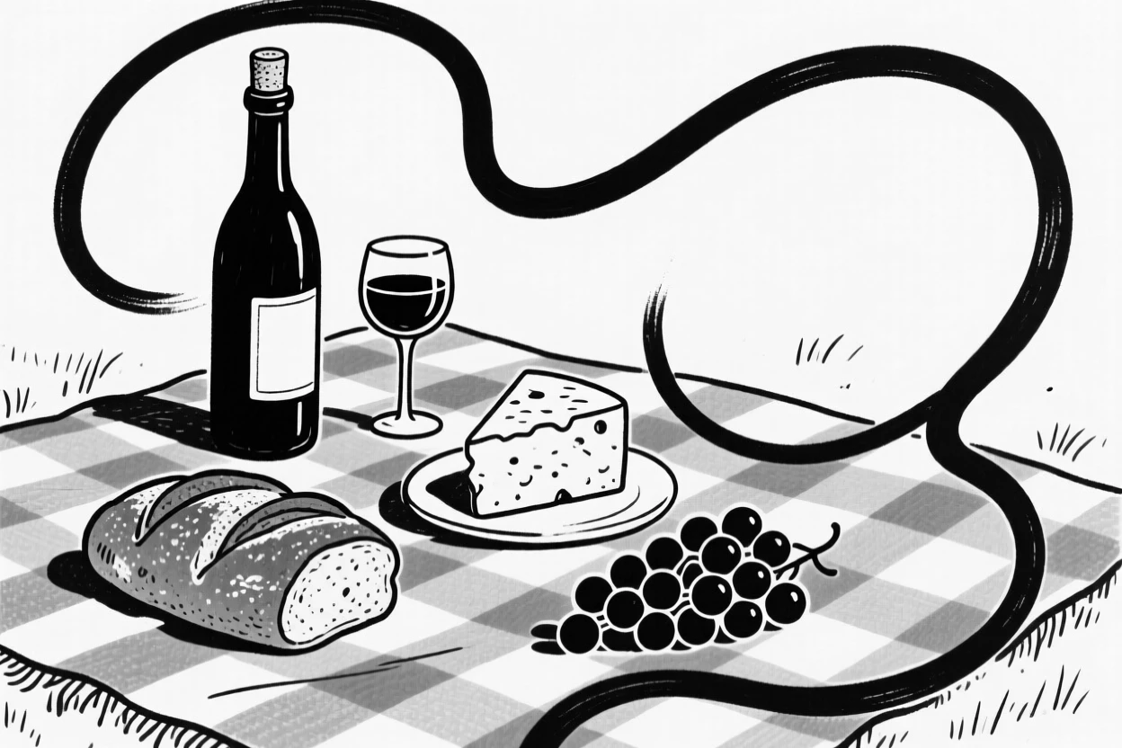 A rustic picnic spread with wine, cheese, bread, and grapes on a checkered blanket.