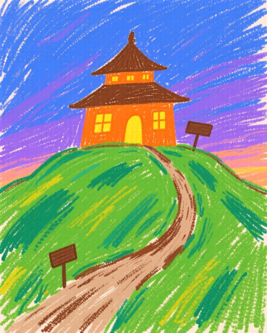 A hilltop temple glowing warmly with lit windows at dusk.