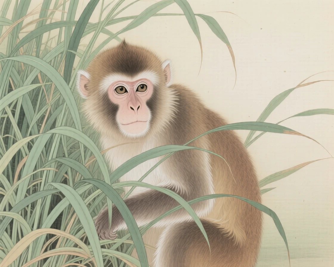 A monkey peeking out from behind tall grass