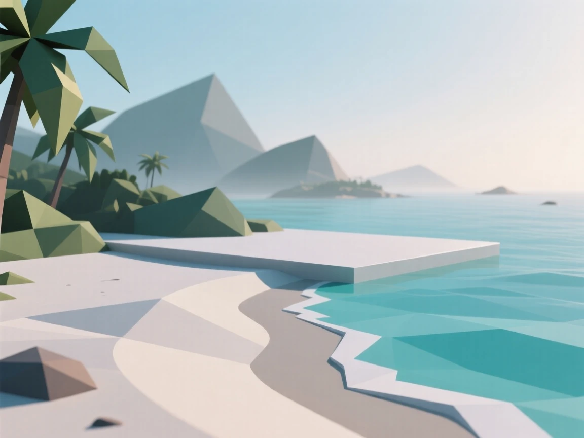 A tropical beach with turquoise water and white sand, in the stillness of early morning. fine atmospheric haze adds depth to the distance. The atmosphere is dramatic and powerful.