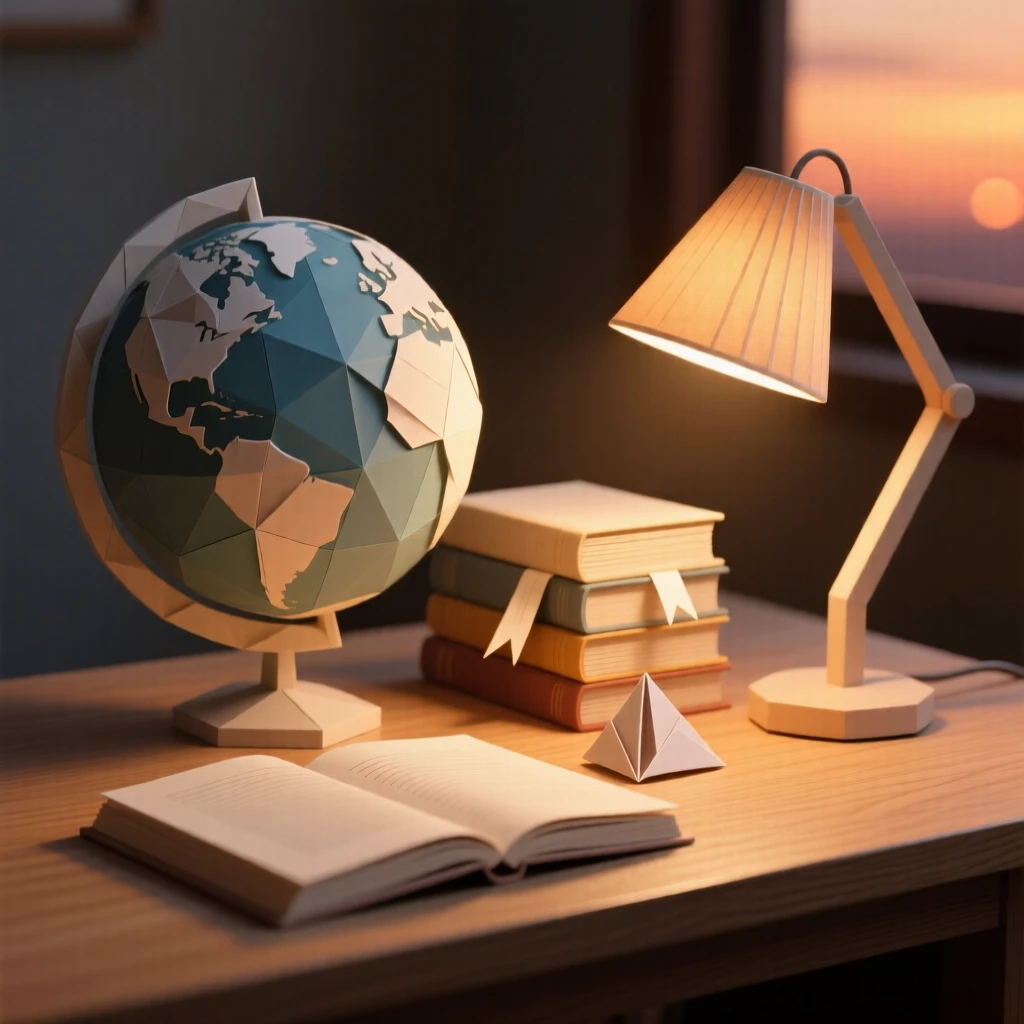 A quiet study with a globe, stacks of books, and a warm desk lamp glowing at dusk.