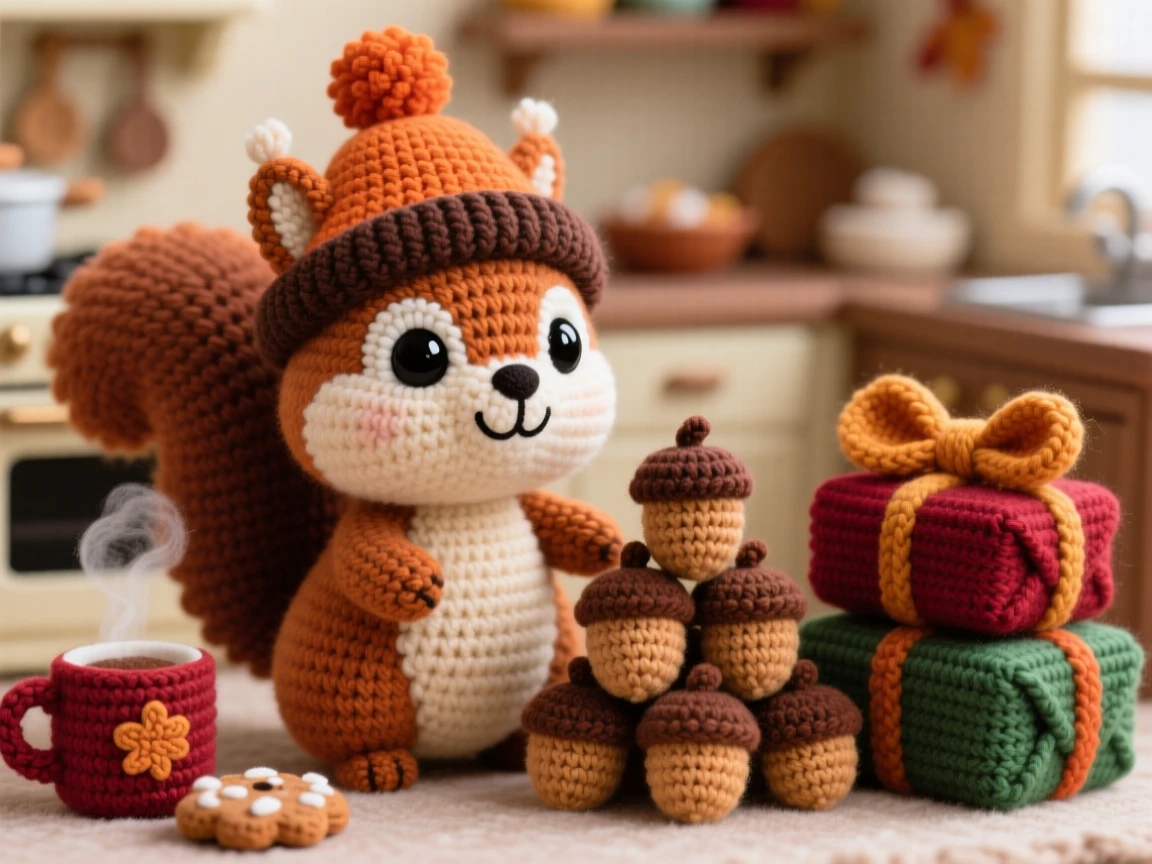 a cheerful autumn squirrel gathering acorns, wearing a tiny knitted hat, is shown stacking acorns for the winter ahead in a warm kitchen filled with holiday baking smells beside a small pile of wrapped presents, capturing the joyful anticipation of a favorite season.