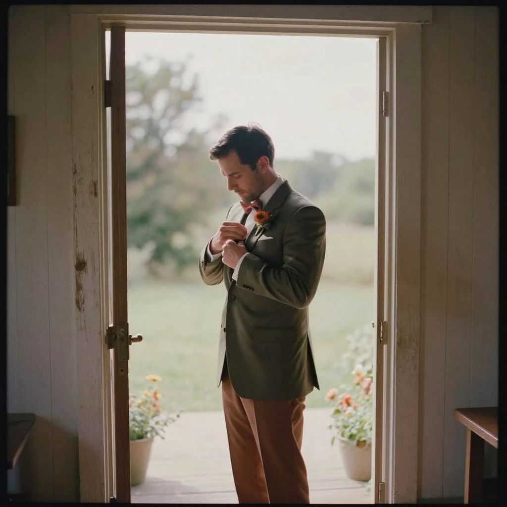 A groom straightening his jacket before an outdoor ceremony, under a pale winter sky, in crisp, dry air, during the long days of summer, with muted olive and rust colors, framed through an open doorway.