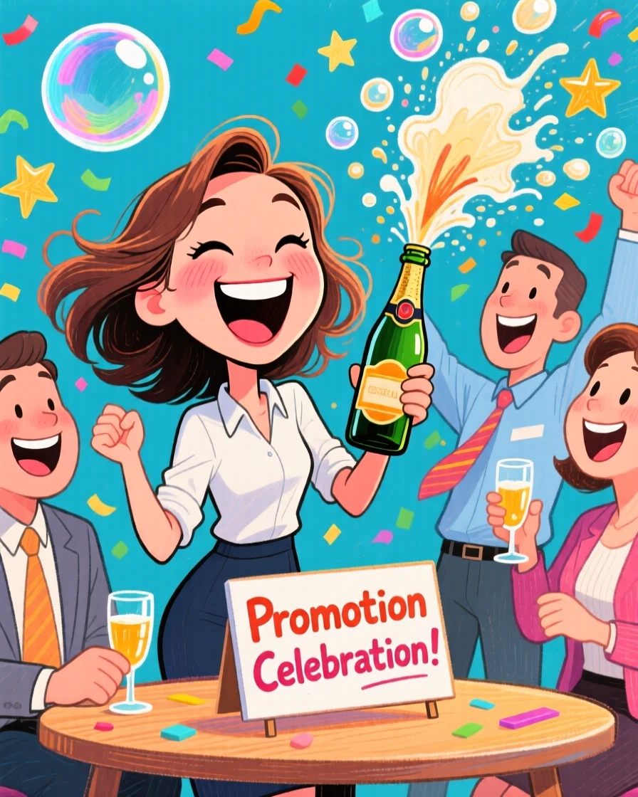 A young woman celebrating her promotion with coworkers popping a bottle of sparkling cider.