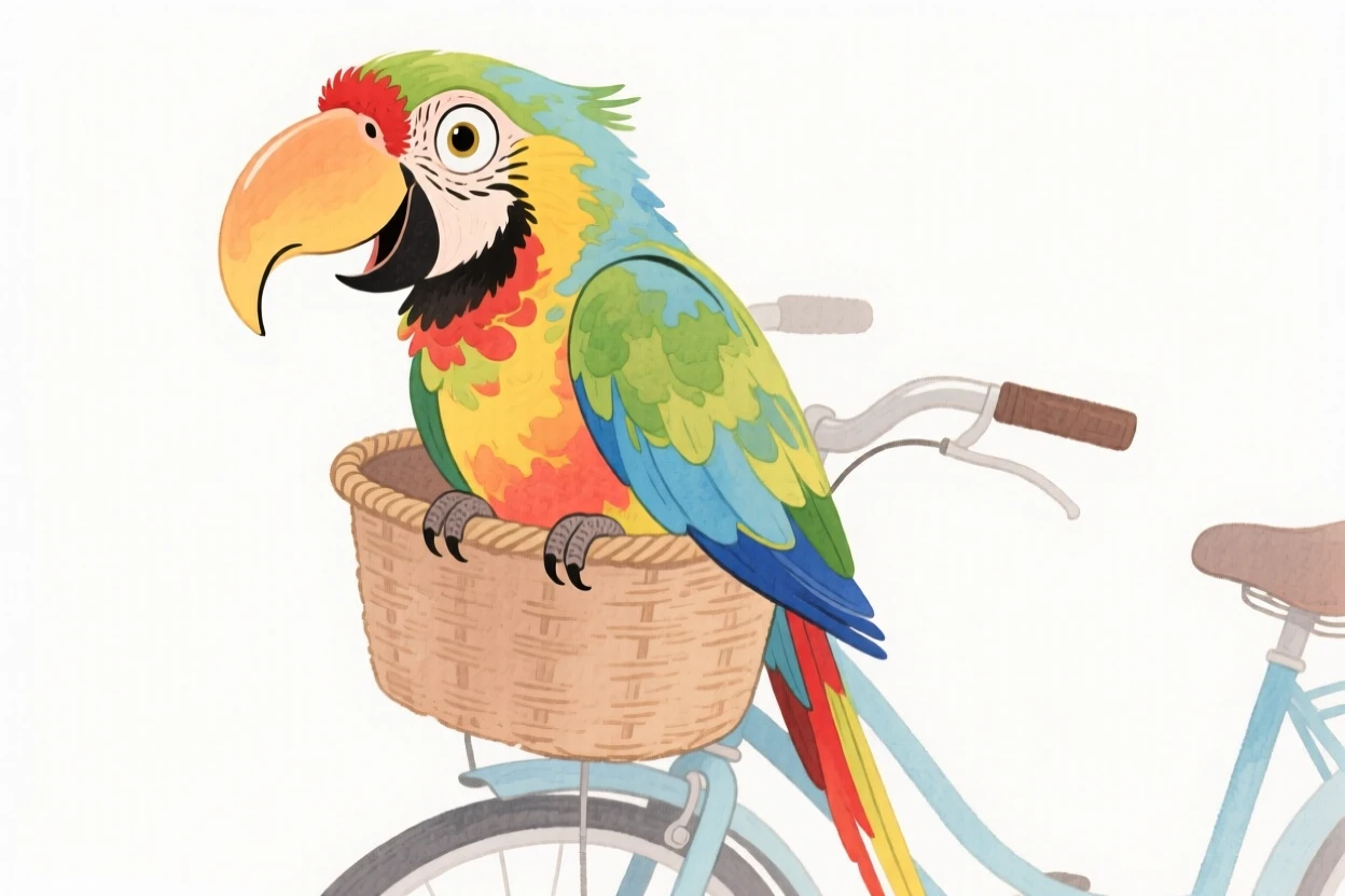 A colorful parrot riding in a bicycle basket