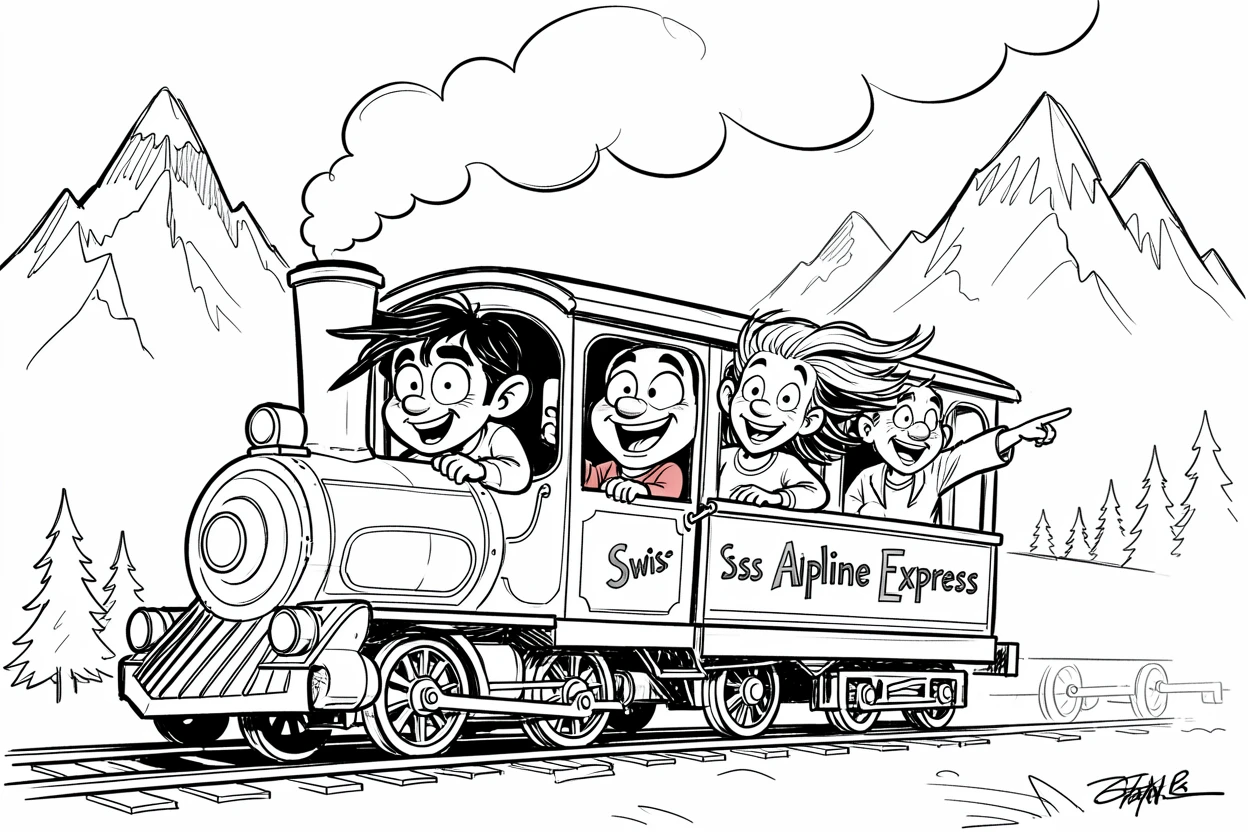 [Travel & Cultural Experiences] Vivid travel scene of a family riding a vintage train through the Swiss Alps, full of wonder and adventure