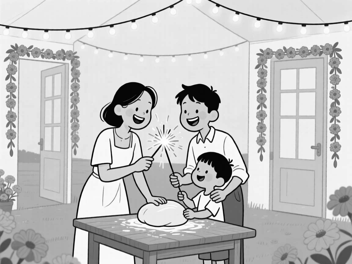 Two friends sharing sparklers at a festival, guiding small hands through kneading dough, set at an outdoor wedding decorated with fairy lights. Strings of marigolds hang from every doorway. The image feels like a snapshot of pure, collective happiness.