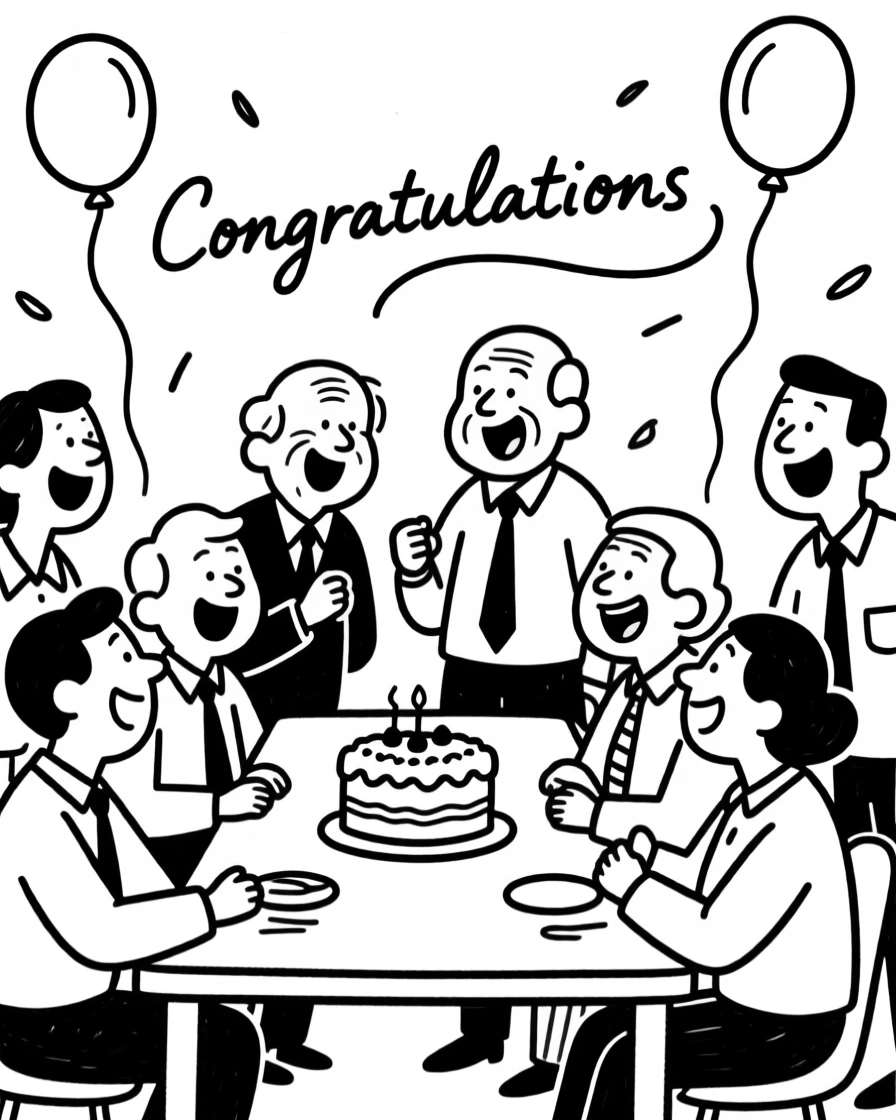 A retirement party scene with coworkers celebrating with balloons and cake.