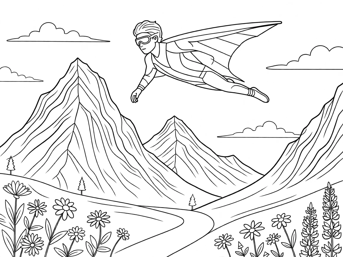 A wingsuit flyer soaring between mountain peaks, with wildflowers scattered along the trail.