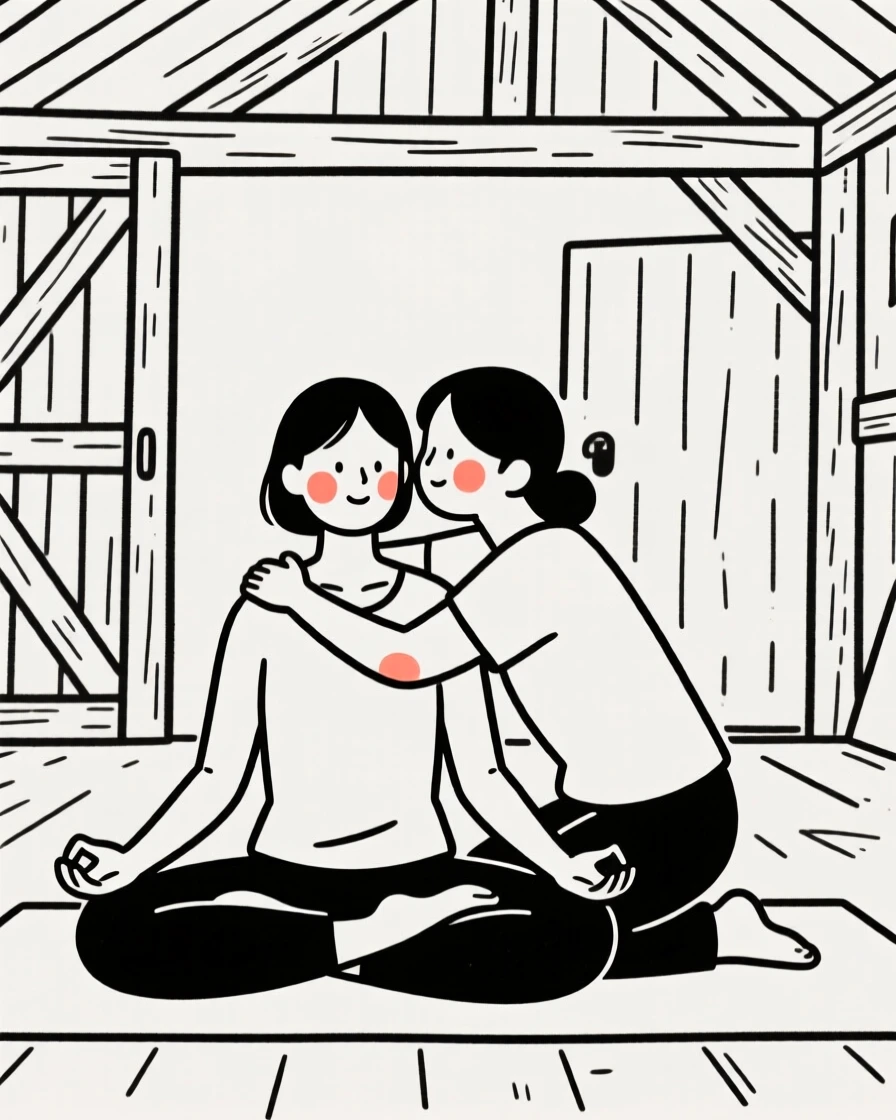 A yoga instructor in meditation pose, sharing a tender embrace, in a rustic barn.