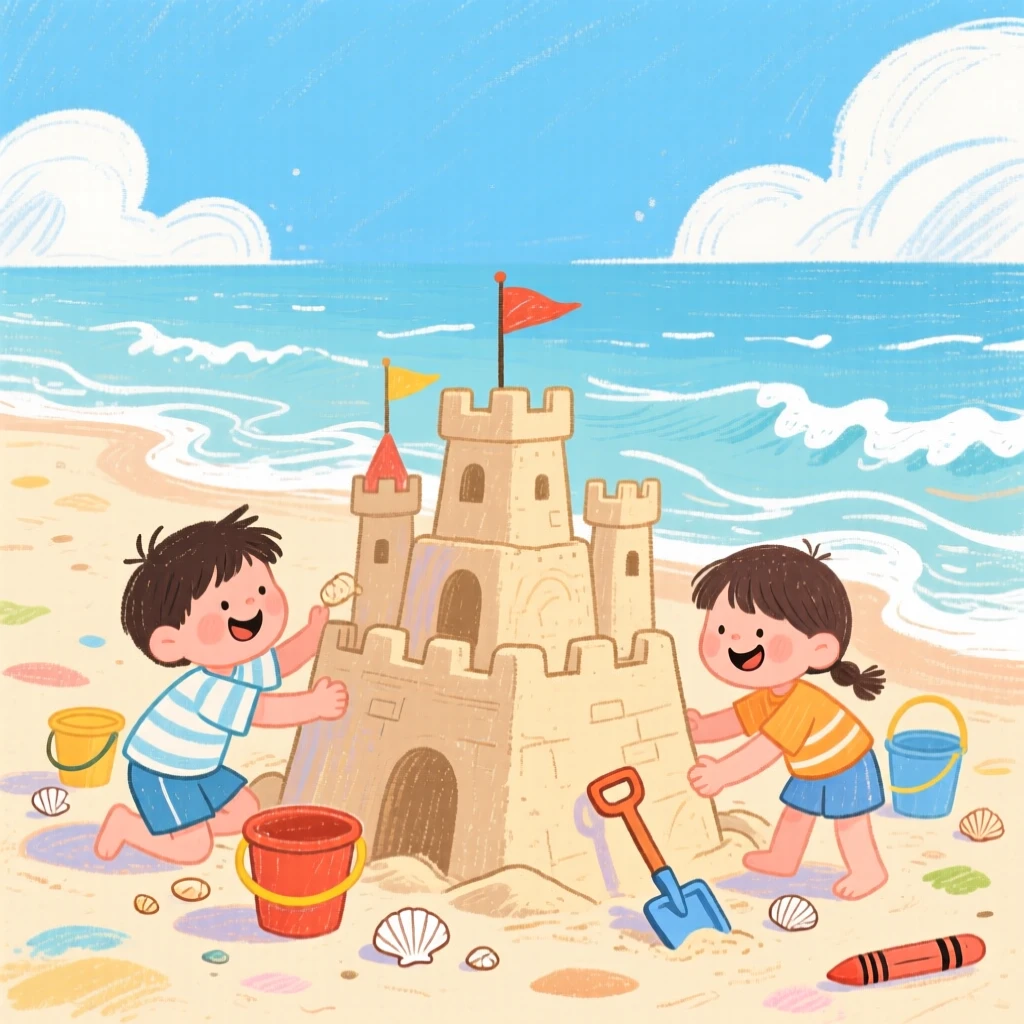 Children building a sandcastle beside gentle ocean waves.