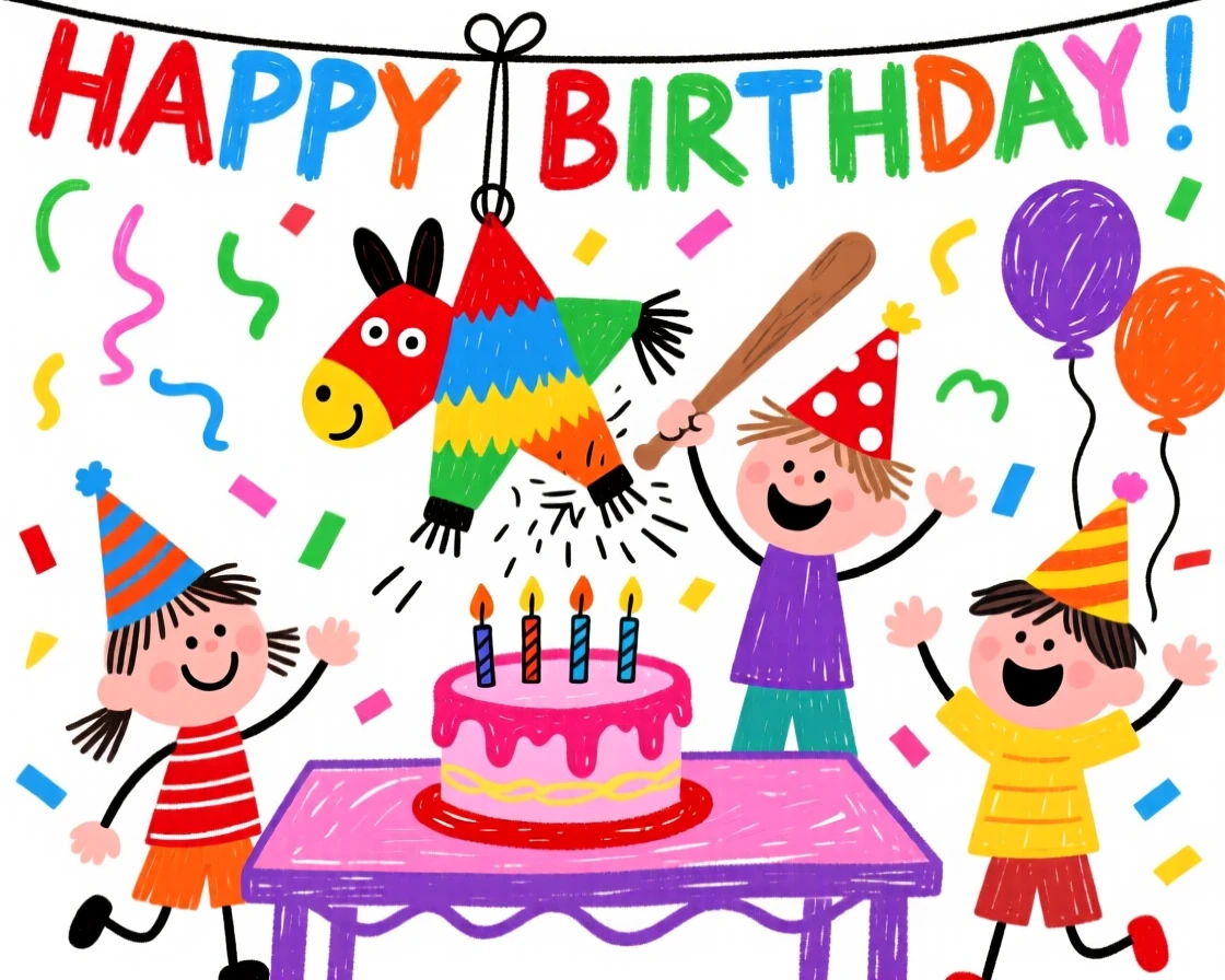 Children breaking a colorful piñata at a lively birthday celebration.