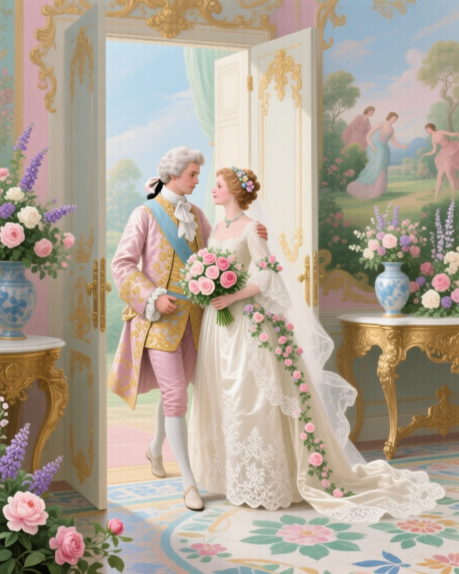 A prince carrying his bride across the threshold of a flower-filled palace room  
