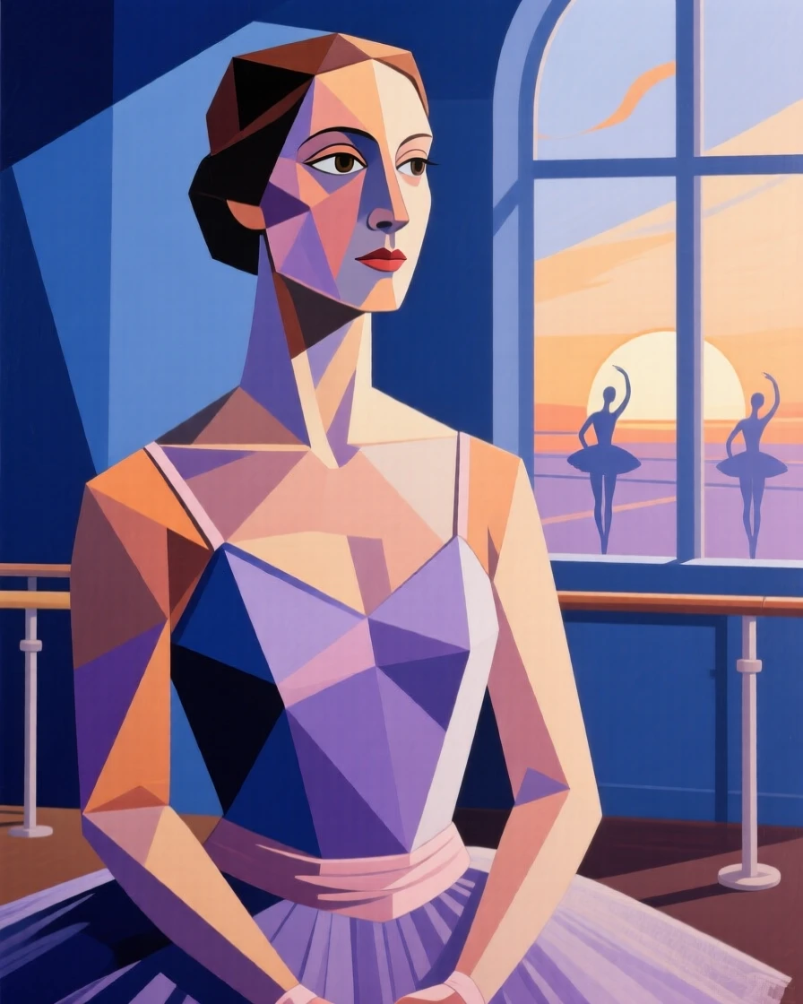 A medium shot portrait of a ballet dancer at dawn before the day's work begins, focused and content in the craft.