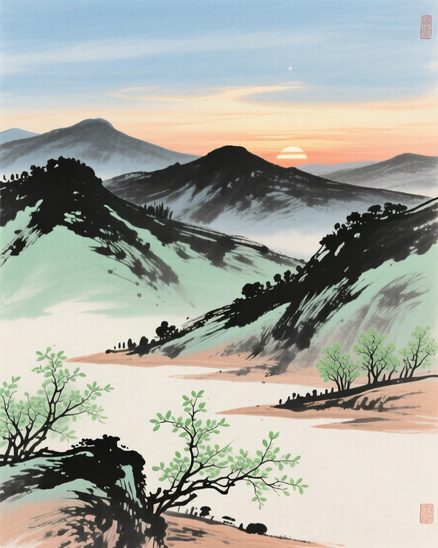 The last light of day fading behind a row of distant hills, as the sun sets behind distant peaks, in early spring.