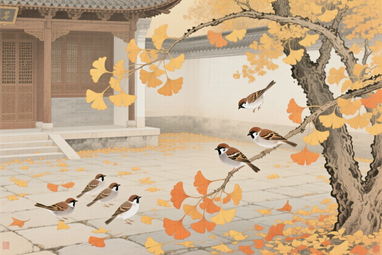 Golden ginkgo leaves scattered across a temple courtyard in autumn, as small birds gather among the branches