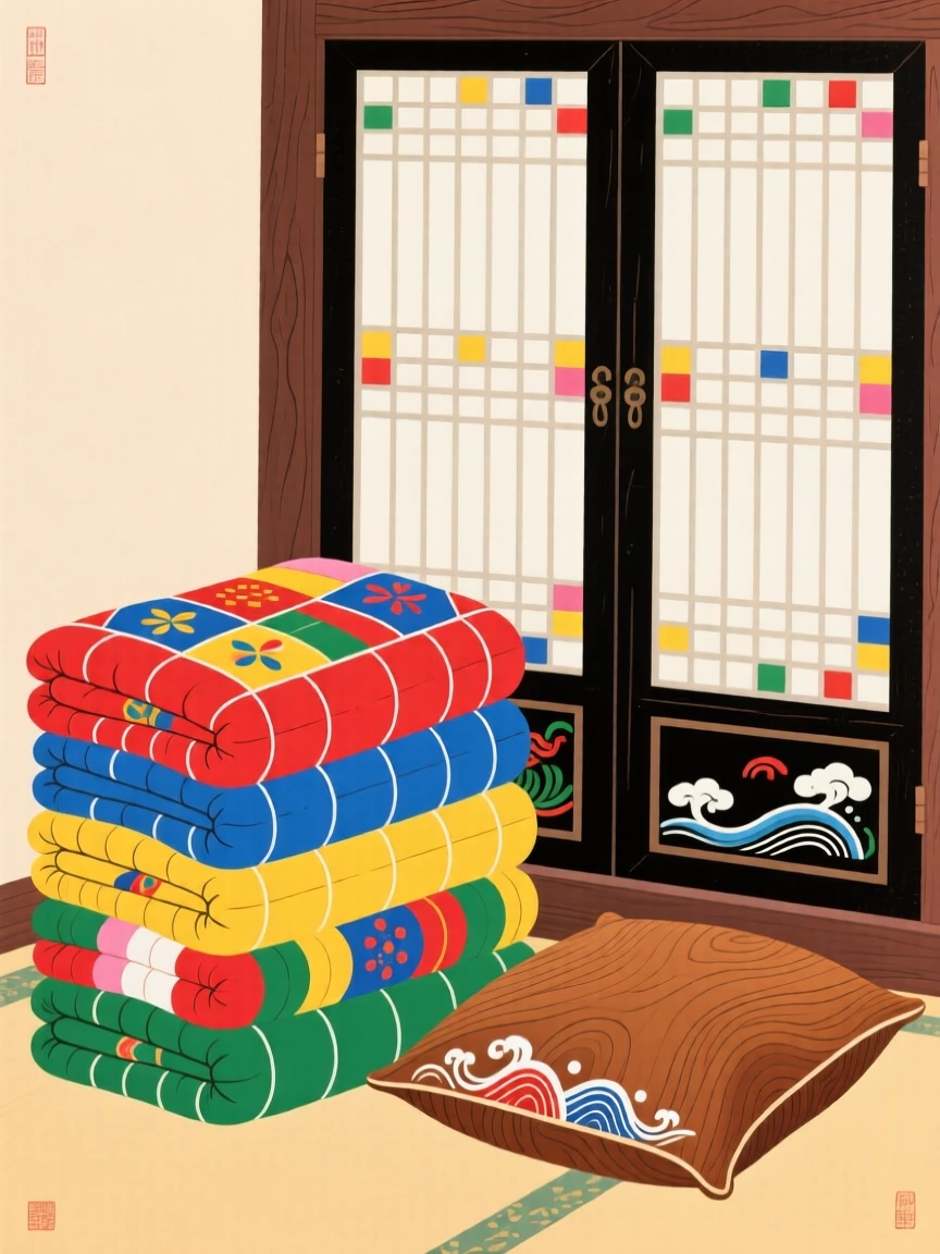 A stack of folded quilts beside a wooden pillow and a paper window screen.