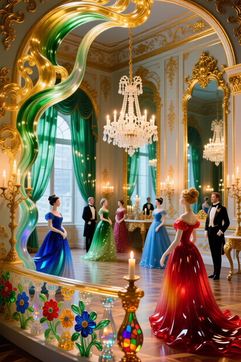A grand ballroom with mirrored walls reflecting candlelight, opulent and dazzling.