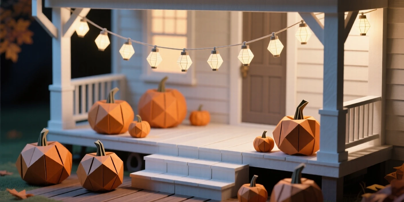 A porch decorated with pumpkins and string lights on a crisp autumn evening.