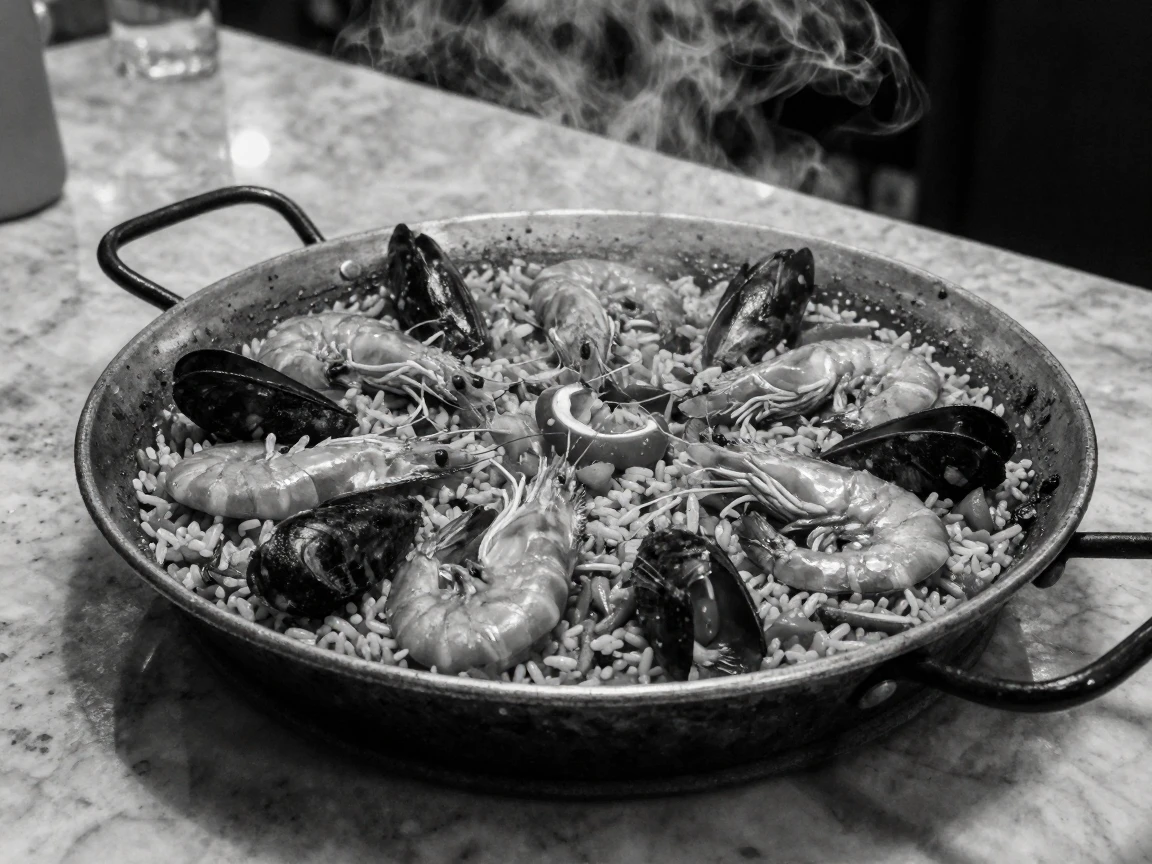 A pot of paella steams fragrantly in a wide pan on a marble countertop.