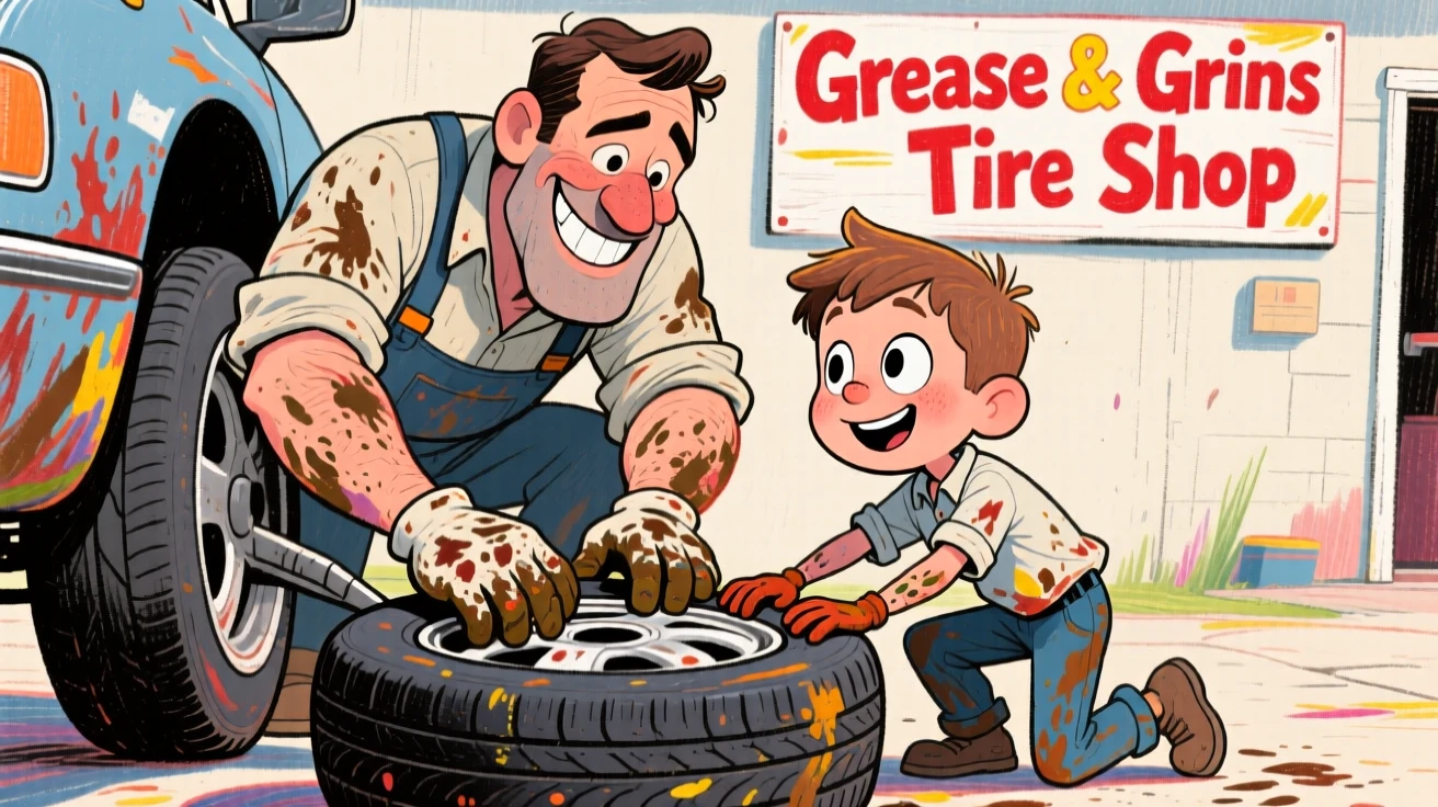 A father teaching his son to change a tire, both hands greasy but grinning.