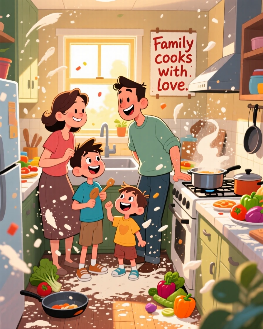 A heartwarming scene of a blended family cooking a meal together in a cramped kitchen, flour flying everywhere, as golden sunlight streams through the window.