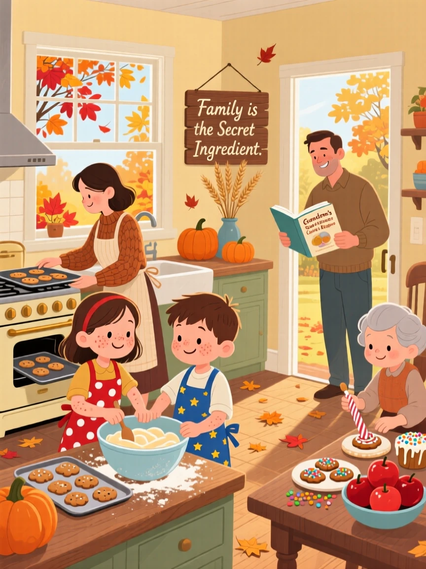 Twin siblings spends the afternoon baking cookies together in a warm kitchen with their whole family, as autumn leaves swirl around them.