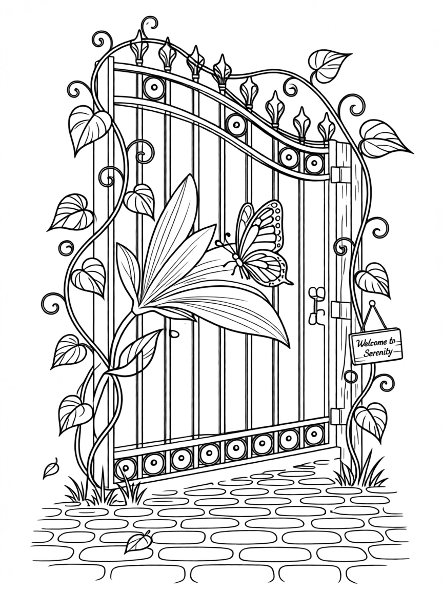 A climbing vine of ivy wrapped around an old iron gate, with a butterfly resting on one of the petals.