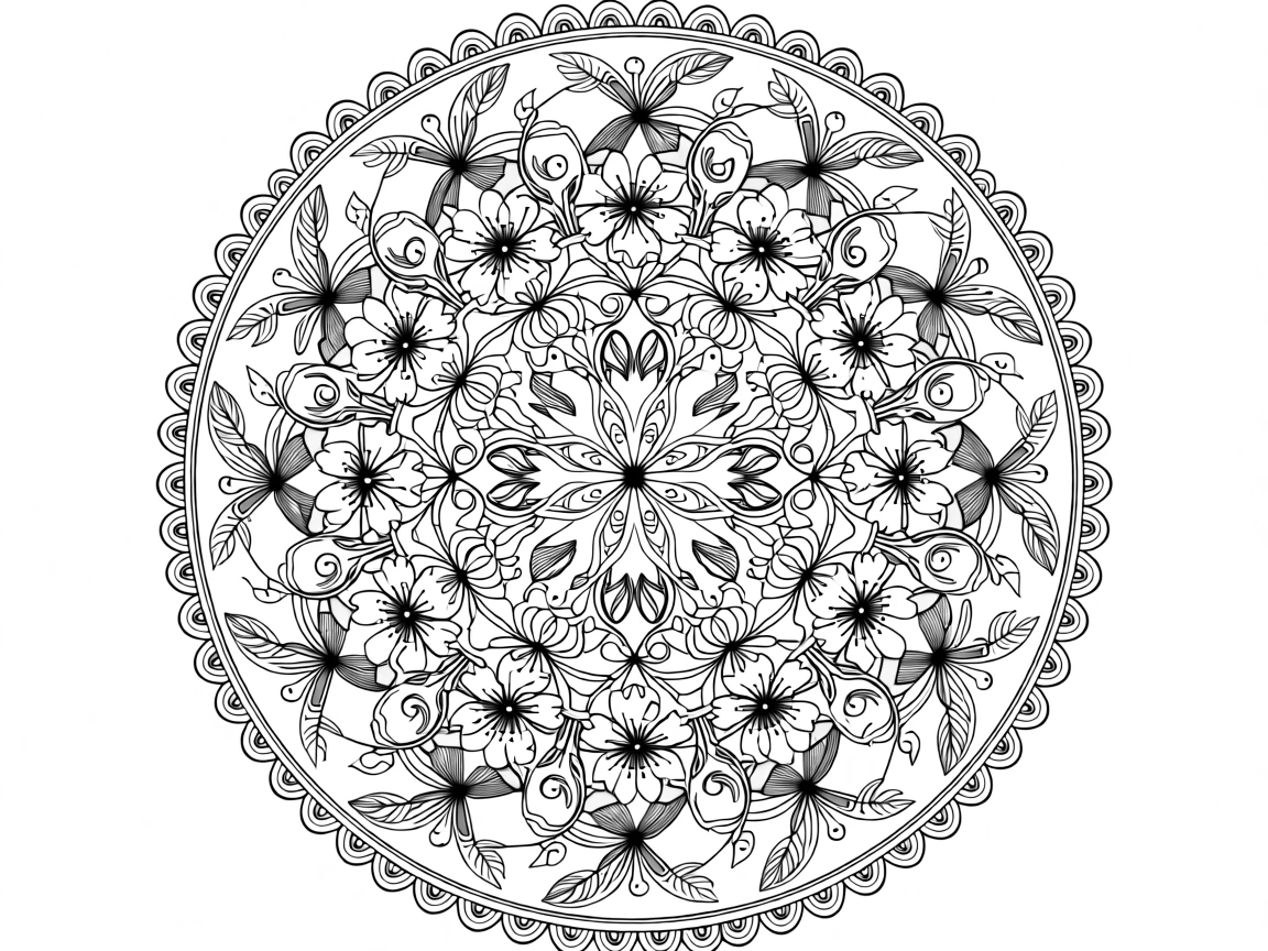 A mandala composed of nested cherry blossom branches curling inward.
