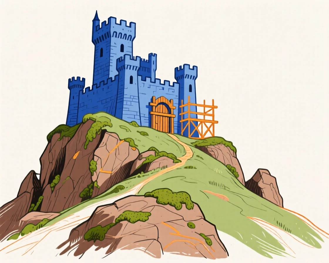 A medieval castle perched on a rocky hilltop.
