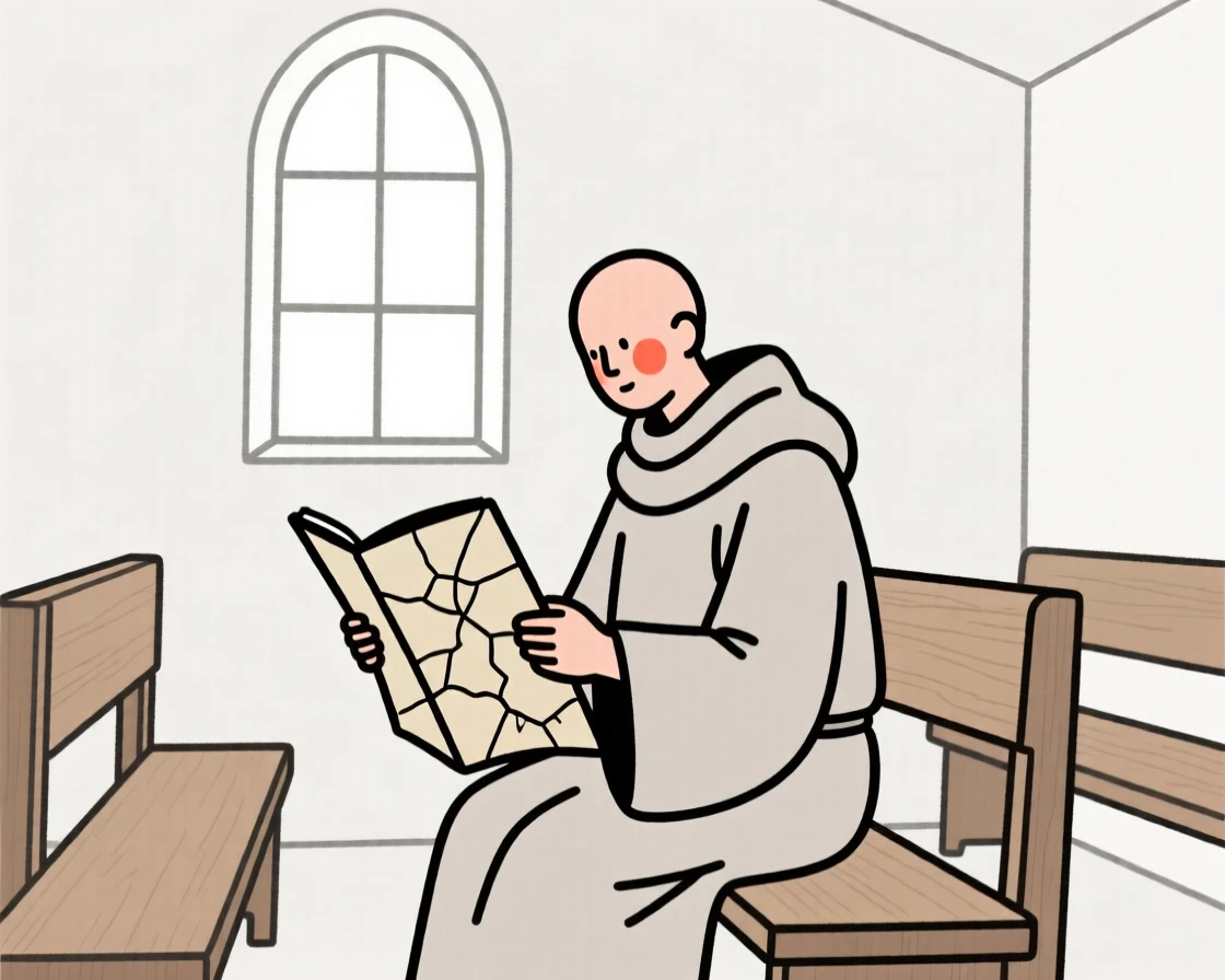 A mountain hermit reading an old map, in a quiet chapel.