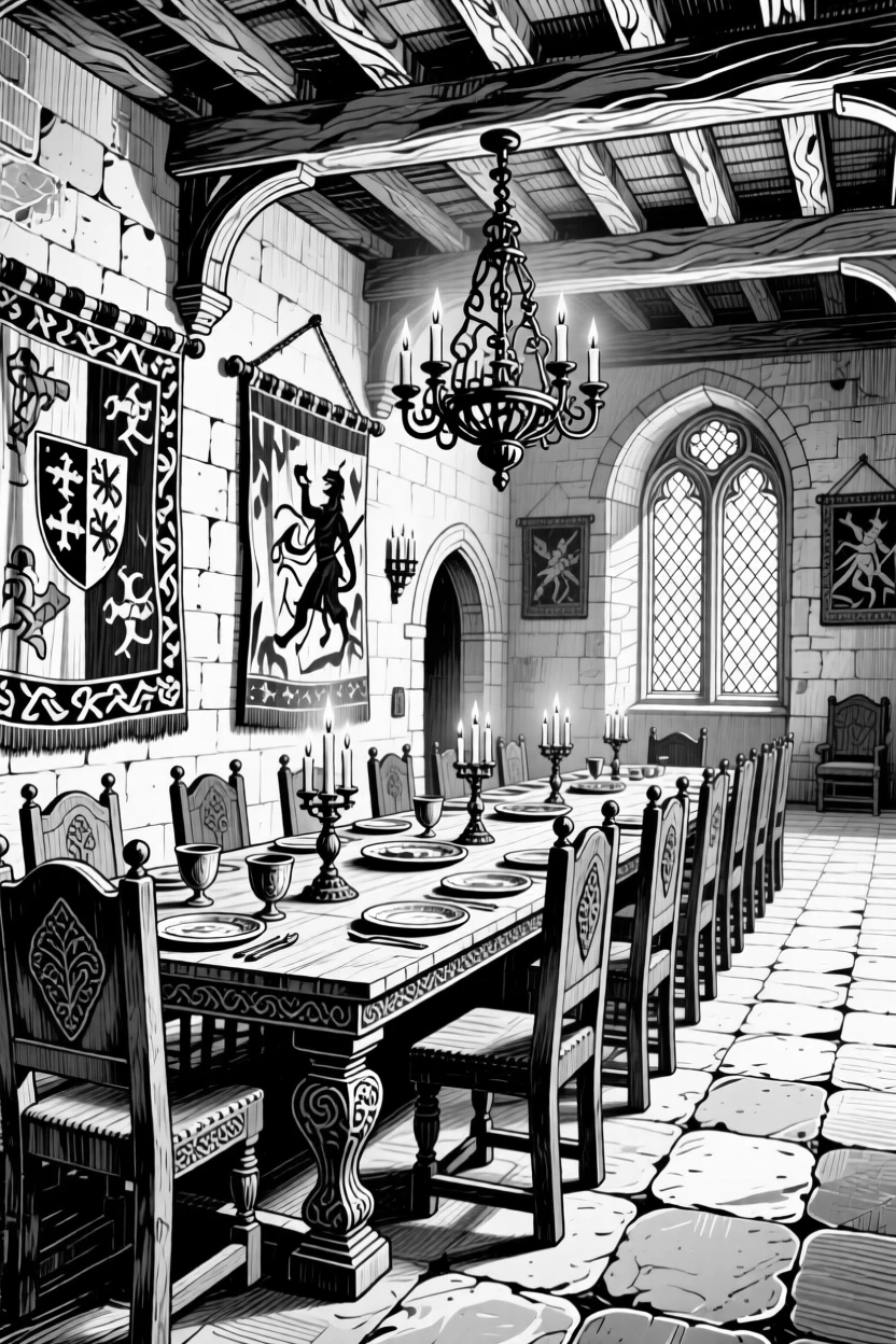 A grand castle great hall with a long banquet table and hanging tapestries.