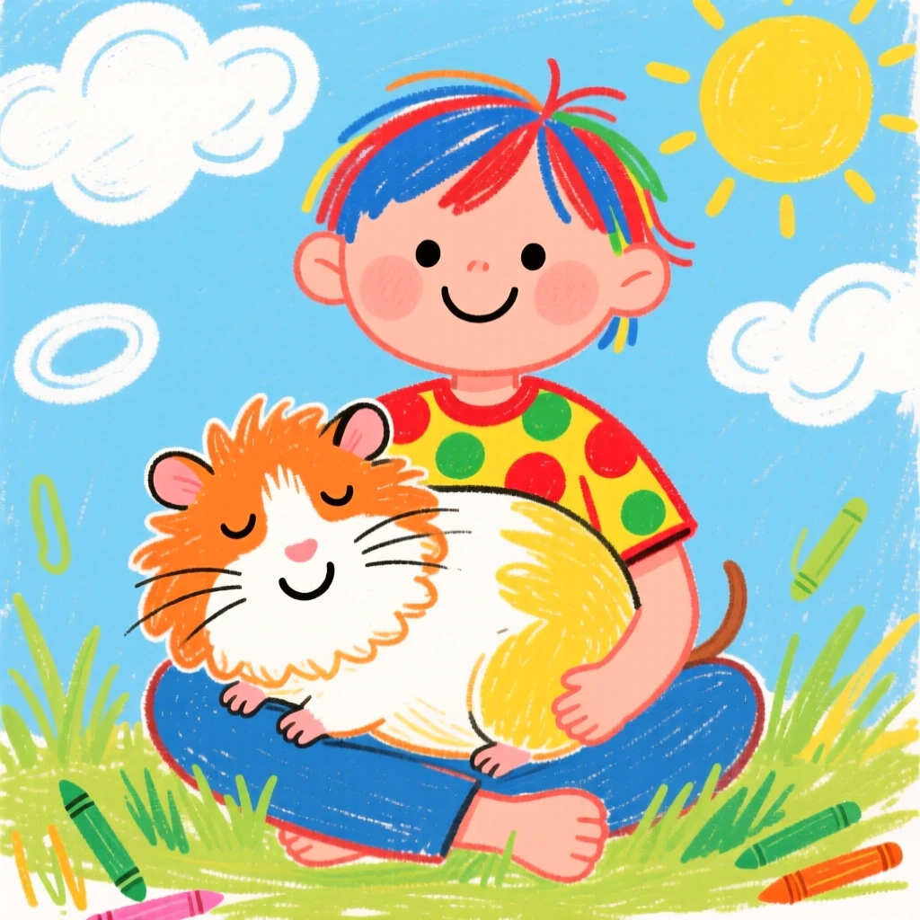 A fluffy guinea pig resting its head on a child's lap.