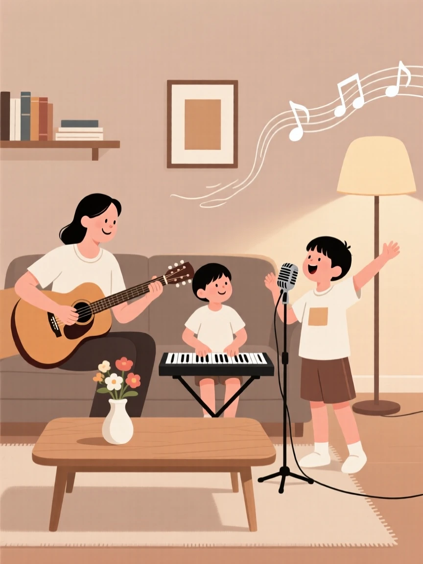 A family playing music together at home.