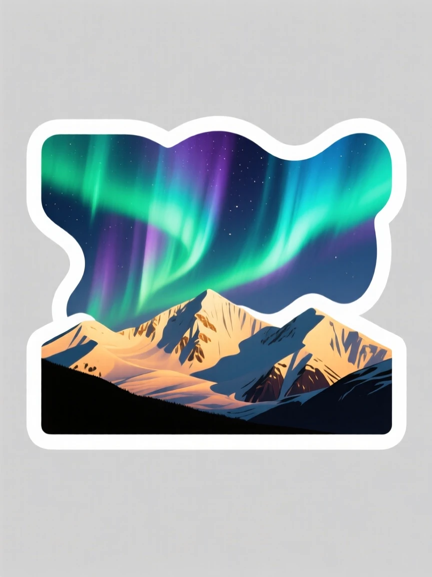 A vibrant northern lights dancing over snowy peaks, bathed in golden hour light, in a place time seems to slow down.