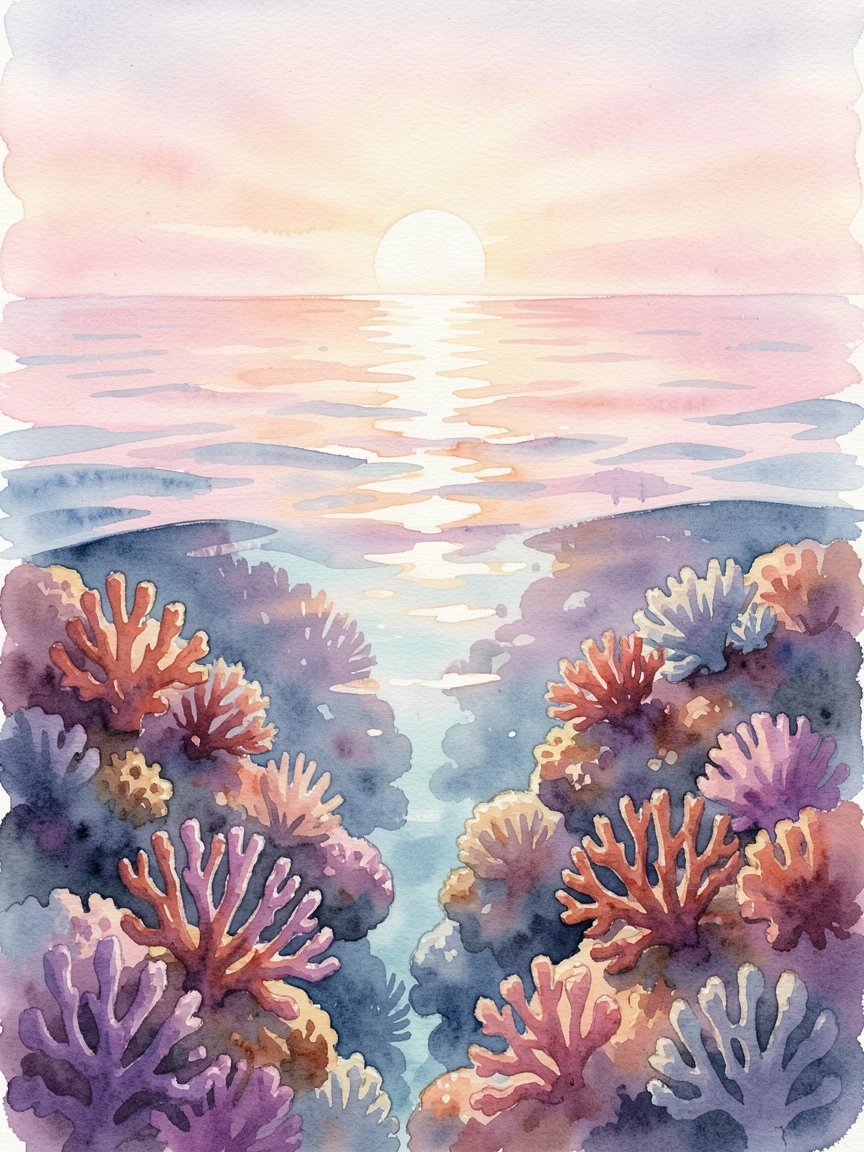 A coral reef seen from above the water during a soft sunrise with reflections shimmering on the water.
