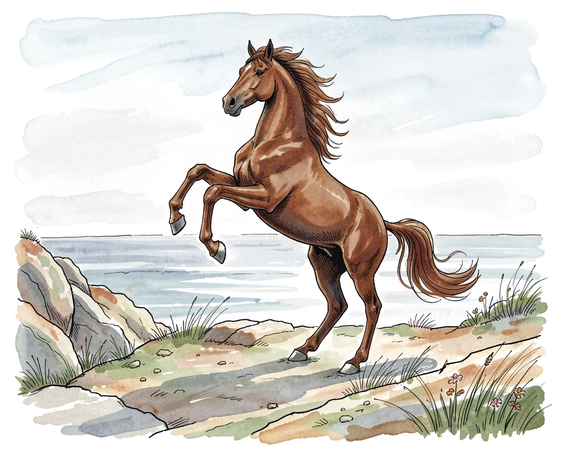 A stallion rearing on a windswept coastal bluff, soft shadows stretching long across the ground.