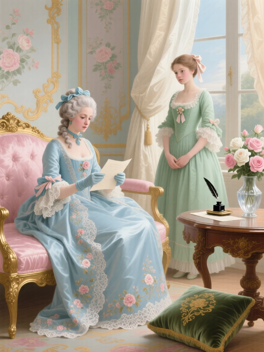 A noblewoman opening a letter while her companion watches anxiously  
