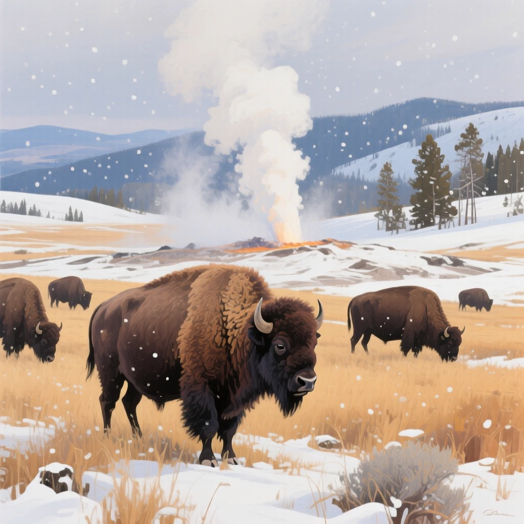 A wild bison herd grazes on the open plains of Yellowstone, steam rising from a nearby geyser as snow begins to fall gently, its expression conveying a quiet intelligence as it surveys the world around it.