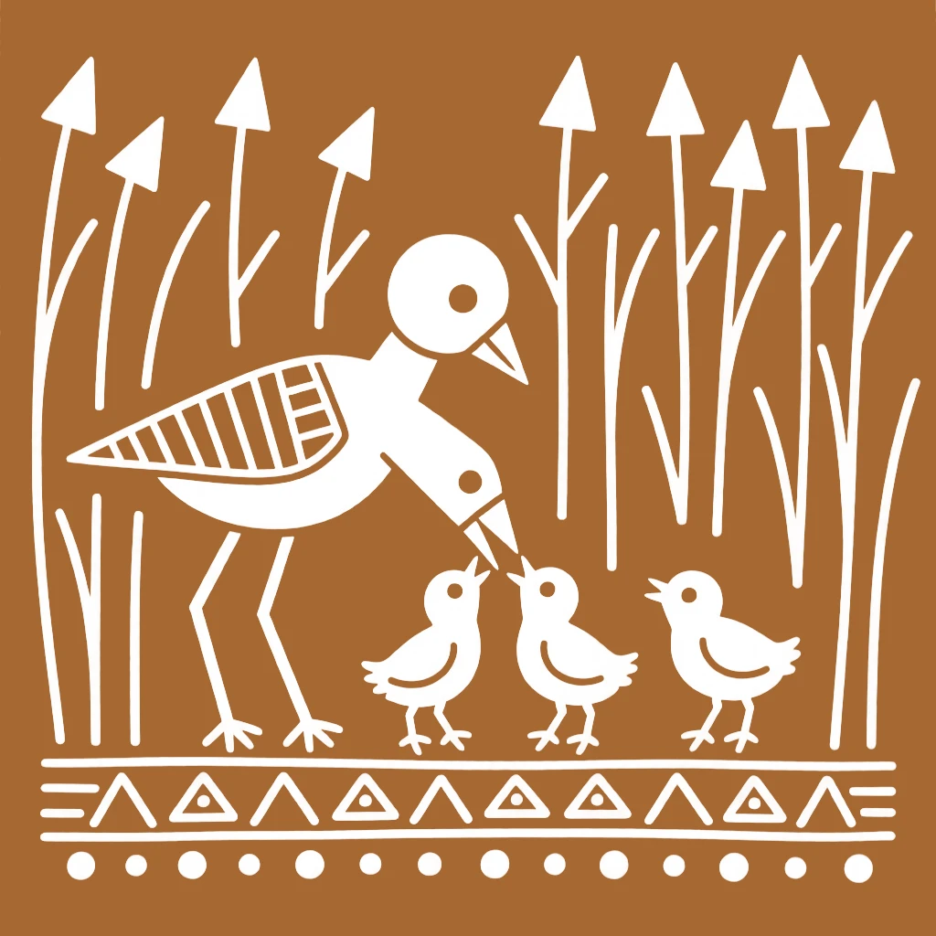 A mother bird feeding her chicks crossing a field of tall grass.