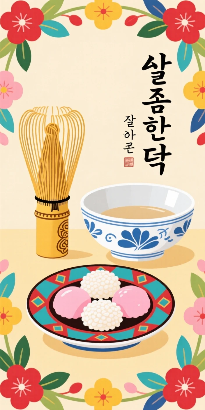 A tea whisk and ceramic bowl set beside a small dish of sweet rice cakes.