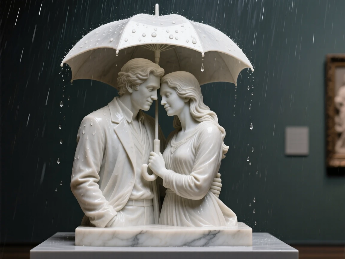 An emotionally powerful scene of a couple sheltering under one umbrella in the rain, filled with warmth, tenderness, and connection