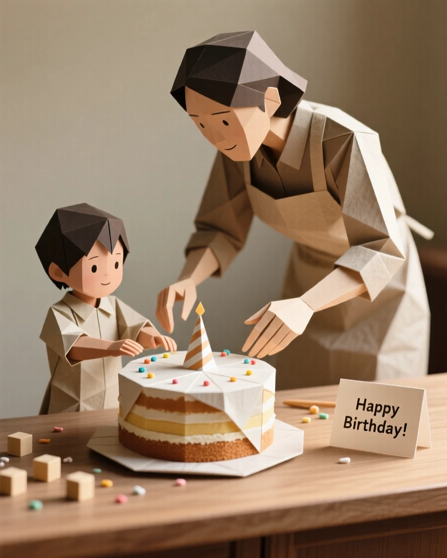 A child and parent baking a birthday cake together, sprinkles scattered across the counter.