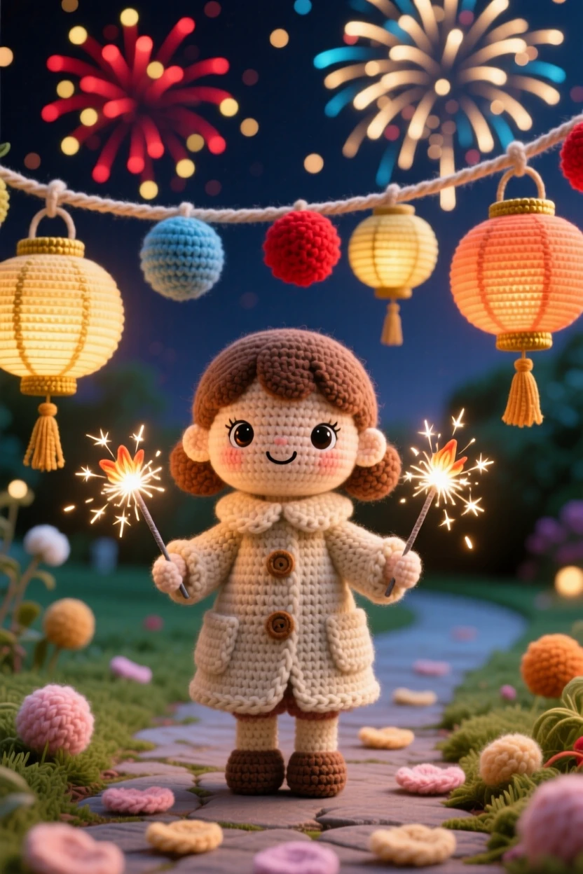 A festive scene of a little girl holding sparklers on New Year's Eve wrapped in a cozy coat, watching midnight fireworks light the sky within a peaceful garden path scattered with fallen petals; a cluster of paper lanterns swaying gently nearby, radiating cozy holiday warmth and togetherness.
