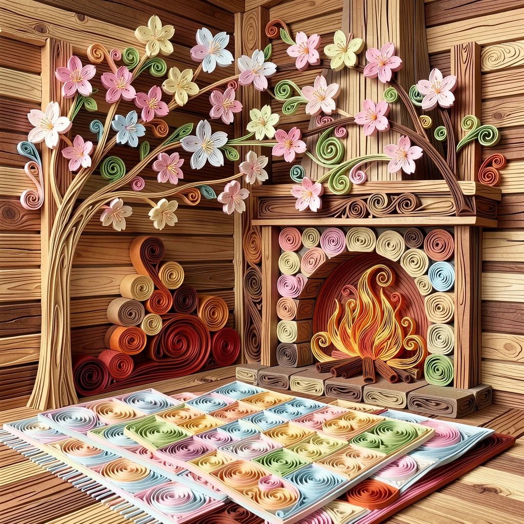 A festive holiday scene of a spring cherry blossom festival with picnic blankets beside a crackling fireplace in a rustic cabin, in bright cheerful pastel spring colors, composed with a cozy, inviting central focal point.