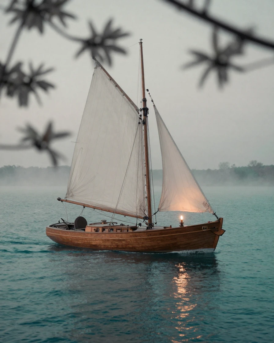 A wooden sailboat cutting through calm turquoise water, under flickering candlelight, as mist rises off the ground, in early spring, with stark black-and-white contrast softened by a single warm hue, peering through foliage in the foreground.